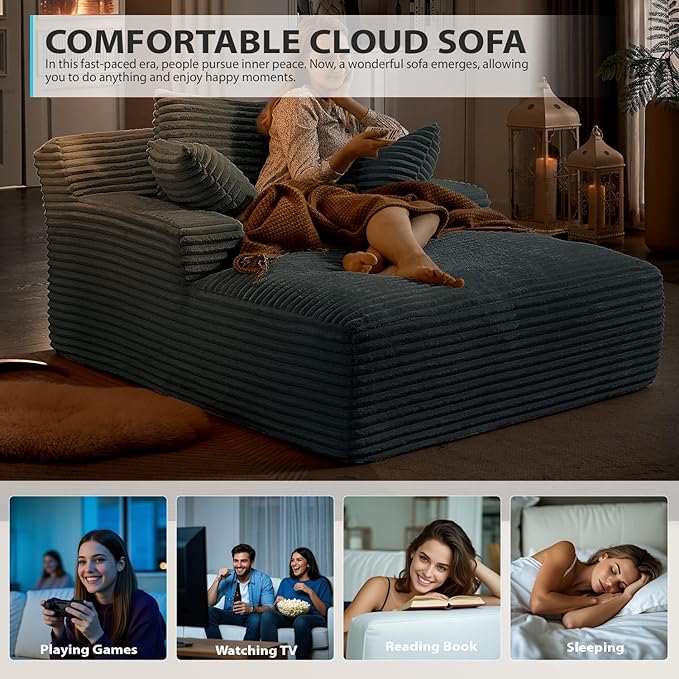 50 Inch Chaise Lounge Chair Indoor, Oversized Corduroy Upholstered Boneless Sofa Bed, Deep Seat Sleeper Couch Reading Chairs, Cloud Sofas Couches for Living Room, No Assembly Required (Dark Grey)