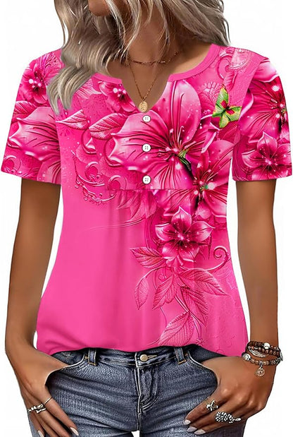 Zeagoo Womens Short Sleeve Tops Summer Henley V-Neck Tshirts Casual Pleated Blouse Dressy Loose Floral Basic Tee