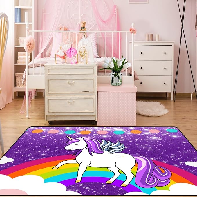 Unicorn Rugs for Girls Bedroom Unicorn Area Rugs for Girls Bedroom Rainbow Carpet Kids Unicorn Rugs for Bedroom Girls Living Room Floor Mat, Purple, 3'×5'