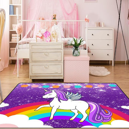 Unicorn Rugs for Girls Bedroom Unicorn Area Rugs for Girls Bedroom Rainbow Carpet Kids Unicorn Rugs for Bedroom Girls Living Room Floor Mat, Purple, 3'×5'