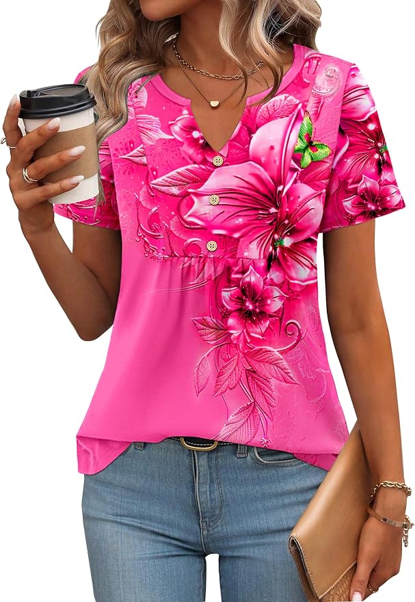Zeagoo Womens Short Sleeve Tops Summer Henley V-Neck Tshirts Casual Pleated Blouse Dressy Loose Floral Basic Tee