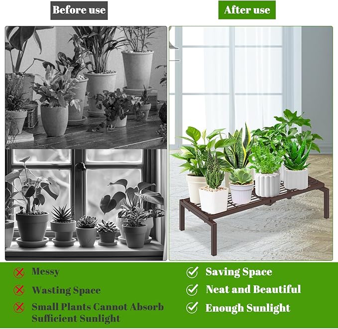 1 Tier Metal Plant Stand Indoor Outdoor, Potted Multiple Flower Pot Holder Rack Plant Shelf, Heavy Duty Planter Display Shelving for Patio Balcony Garden Living Room Decorative (Brown)