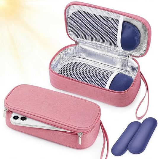 Phone Cooler Bag for Beach, Portable Phone Cooling Pouch with 2 Reusable Ice Packs, Keeps Cool in Extreme Heat for Car Pool Hiking, Extends Battery Life, Fits All Smartphones(Pink,Fabric)