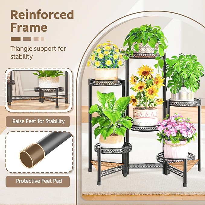 LASZOLA 6 Tiered Folding Tall Plant Stand Indoor Outdoor for Large Planter, Heavy Duty Metal Adjustable Multiple Flower Rack for Corner, Wrought Iron High Spiral Holder for Modern House Patio, Black