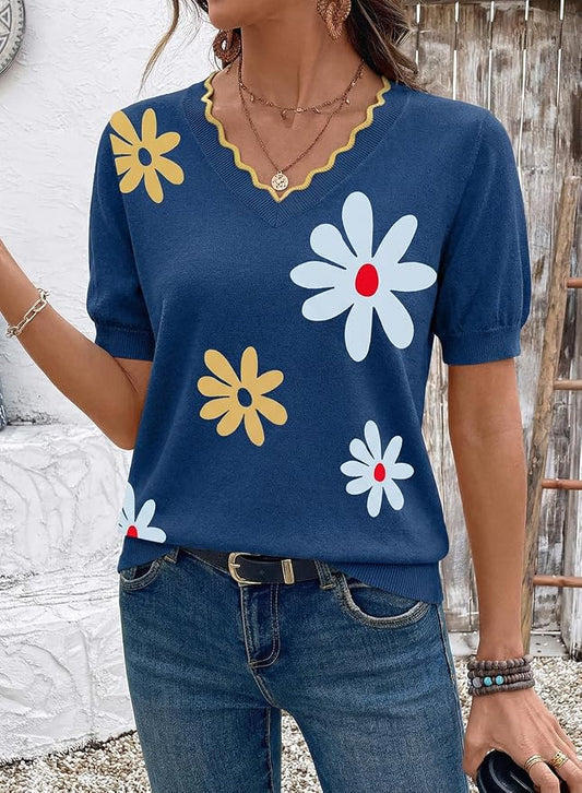 Dokotoo Womens Summer Short Sleeve Knit Tops 2026 Spring Trendy Casual V Neck Striped Sweater Blouses