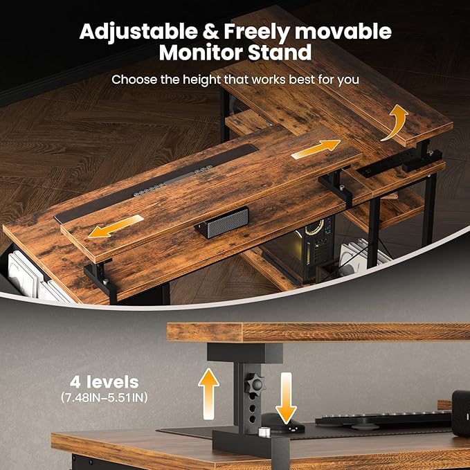 47 inch L Shaped Desk, Computer Desk, Adjustable Stand Office Desk, Power Outlets & Storage Drawer, Reversible Computer Desk with Shelves & Headset Hooks