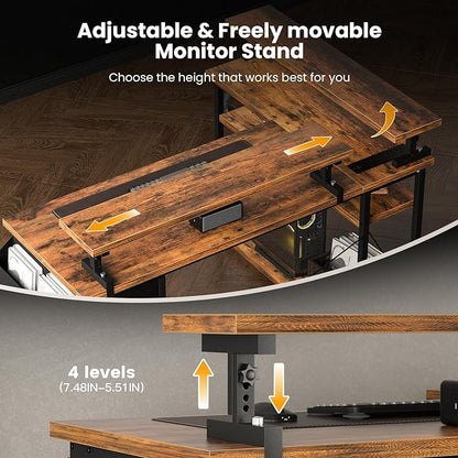 47 inch L Shaped Desk, Computer Desk, Adjustable Stand Office Desk, Power Outlets & Storage Drawer, Reversible Computer Desk with Shelves & Headset Hooks