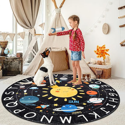 Round ABC Kids Rug,4 Ft Soft Circle Alphabet Playroom Rug,Washable Non-Slip Solar System Kids Play Rug,Space Educational Rug Kids Carpet for Classroom Playroom Bedroom Kids Room Decor