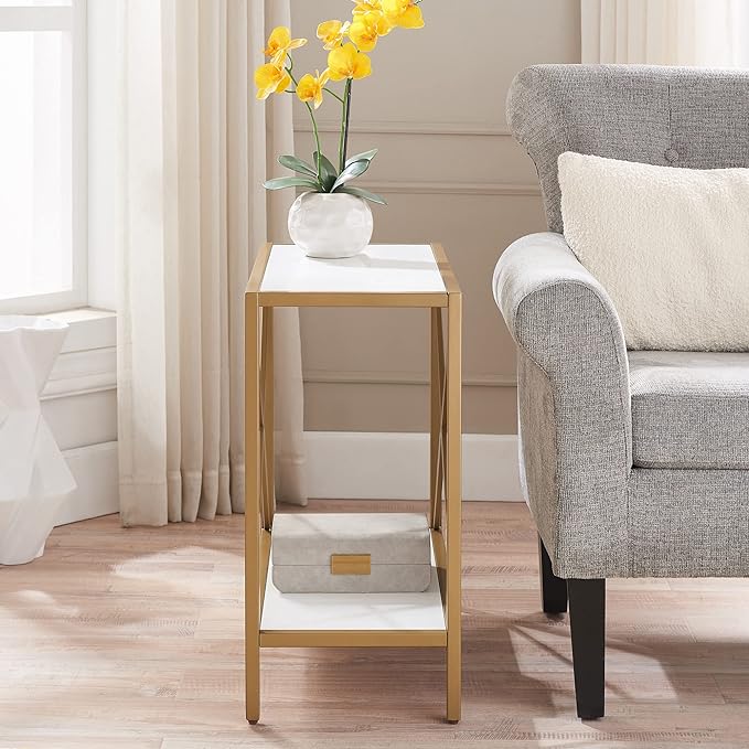 Leick Home 9217-WTGL Claudette Mixed Metal and Wood Side Table with Shelf, White/gold