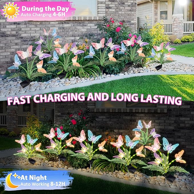 Solar Lights Outdoor Decorations Waterproof Newest Solar Garden Lights with Glowing Stems, 7-Color Changing Butterfly Flower Light for Outside Yard Pathway Garden Decor, Gift for Mother,2Pack
