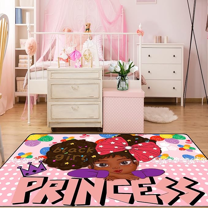 African American Black Girl Rugs for Bedroom Black Girl Area Rug Princess Room Decor for Girls Bedroom Teen Room Decor for Girls Bedroom Black Girls Kids Room Decor for Girls, Pink, 4'5'' × 6'