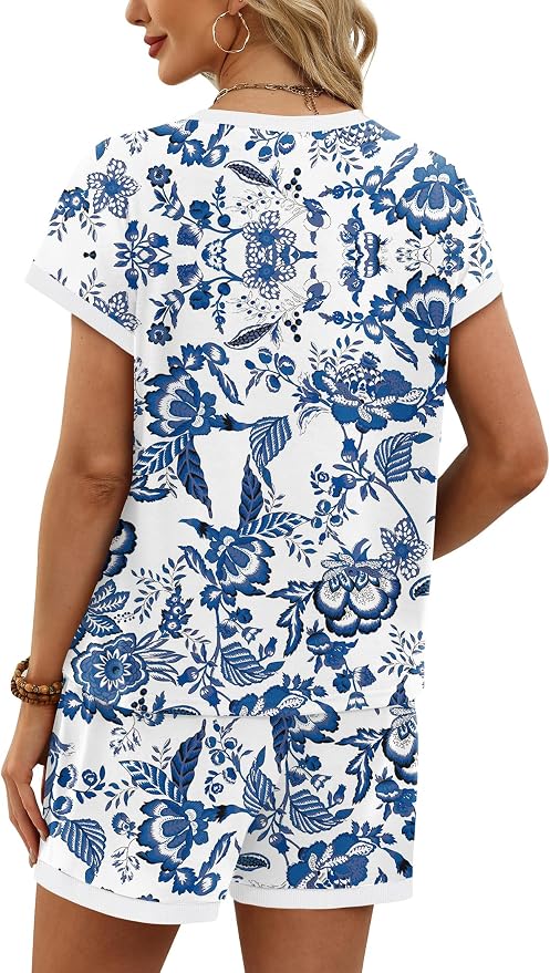 WIHOLL Two Piece Sets for Women Summer Lounge Short Sets Cap Sleeve Crew Neck Sweatsuit with Pocket XS-2XL