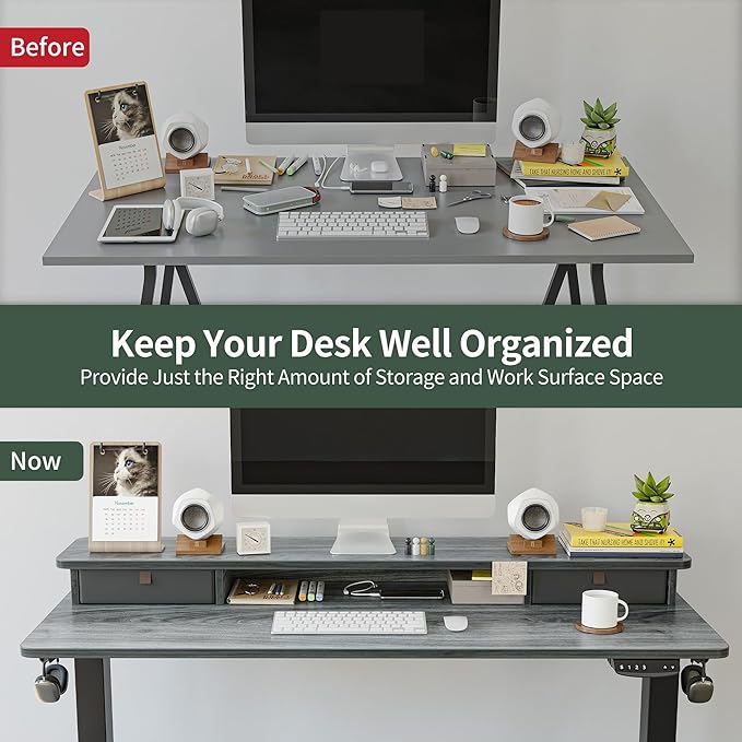 FEZIBO 60 x 24 Inch Height Adjustable Electric Standing Desk with Double Drawer, Stand Up Desk with Storage Shelf, Sit Stand Desk, Grey