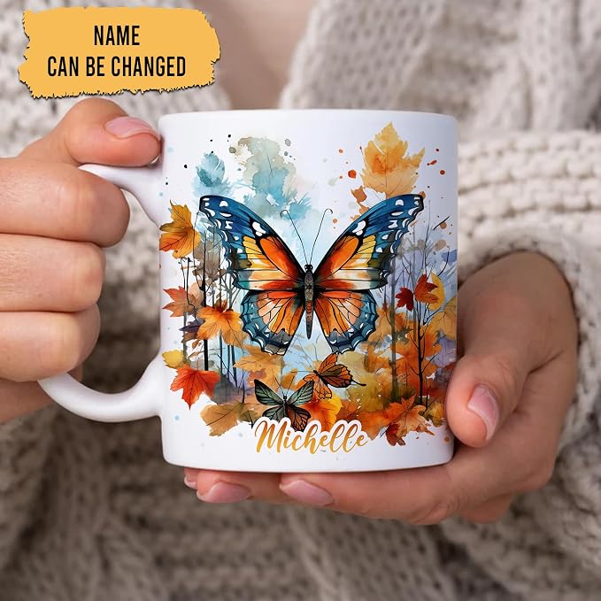 Hyturtle Personalized Fall Butterfly Maple Leaves Coffee Mug, Autumn Décor | Birthday Gifts For Butterfly Lovers - Gift Ideas For Farmhouse Thanksgiving - Custom Name 11oz White Ceramic Coffee Tea Mug