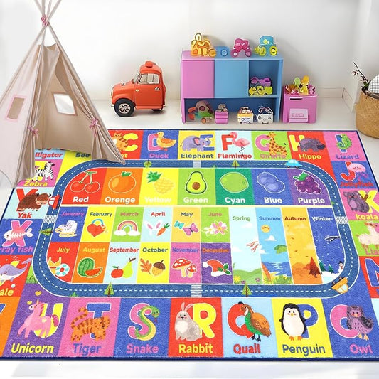 HEBE Kids Play Rug 3'4"x5' ABC Alphabet Numbers Shapes Educational Kid Area Rug Washable Baby Crawling Mat Non Slip Kid Play Mat Carpet for Girl Boy Bedroom Playroom