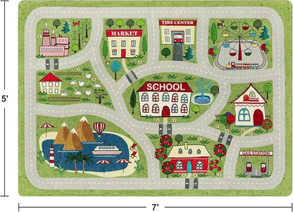 LIVEBOX Green Kids Playroom Rug, 5'x7' Washable Road Rug for Kids Room, Non-Slip Soft Car Rug Play Mat for Baby Nursery, Large City Traffic Rug Classroom for Boys Girls Dorm Toy Room Tent