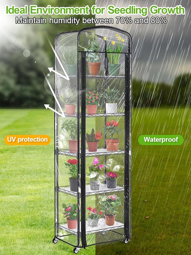 Abimars 5-Tier Mini Greenhouse with Caster Wheels, Each Shelf Height Adjustable Metal Plant Shelf with PVC Cover for Seed Starting Trays, Seedling Pots, Plant Pots, 11x16x57inch