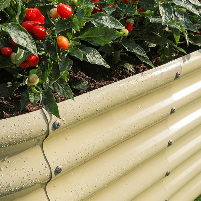 Land Guard 18“ Tall Outdoor Metal Raised Garden Bed, Oval Deep Root Planter Box for Vegetables, Flowers, Herbs, 89 Gallon Capacity - Cream Yellow