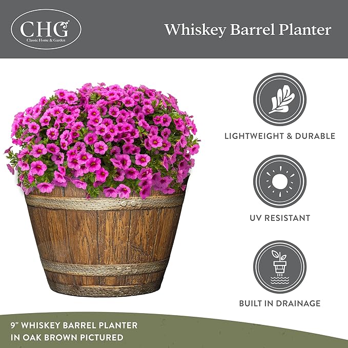 Classic Home and Garden Whiskey Barrel Planters - Wooden Finish Flower Planter Pot - Stylish Garden Pots - Indoor & Outdoor Resin Planters - Weather-Resistant Planting Pots (20.5" Oak Brown, 1-Pack)