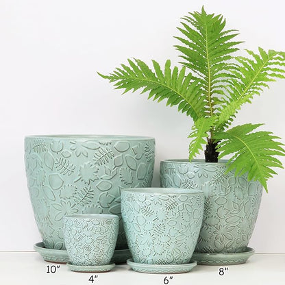 10 inch Plant Pots Ceramic Planter with Drainage Holes and Saucer for Multiple Plants, Indoor-Outdoor Garden Pots for Succulent, Orchid, and Flower