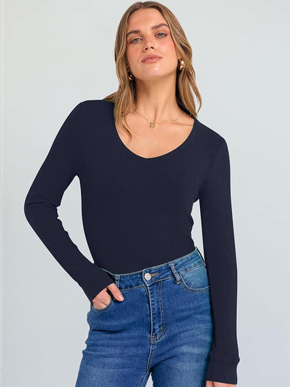 ANRABESS Long Sleeve V Neck Shirts for Women | Soft Comfy Ribbed Knit Fitted Tshirts, Casual Going Out Tops, 2026 Trendy Basic, Fall Winter Underscrub Layering Clothes