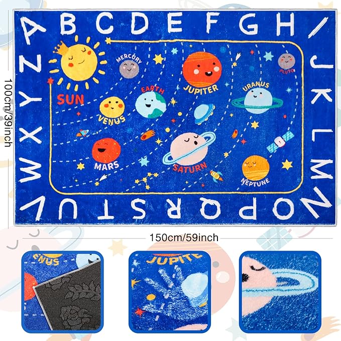 Outer Space Kids Rug,59"X39.4" ABC Alphabet Educational Kids Rugs for Playroom,Non Slip Solar System Galaxy Planets Playroom Rug,Washable Kids Area Rug Carpet for Classroom Bedroom Kids Room Decor