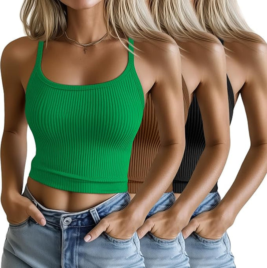 Ficerd 3 Pack Women's Tank Tops 95% Cotton Spaghetti Strap Ribbed Crop Camisole Slim Fitted Basic Summer Sleeveless Layer
