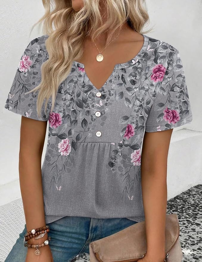 Zeagoo Womens Short Sleeve Tops Summer Henley V-Neck Tshirts Casual Pleated Blouse Dressy Loose Floral Basic Tee