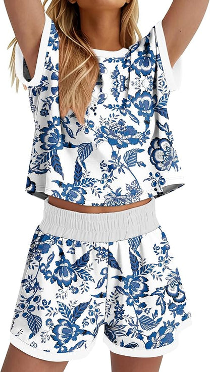 WIHOLL Two Piece Sets for Women Summer Lounge Short Sets Cap Sleeve Crew Neck Sweatsuit with Pocket XS-2XL