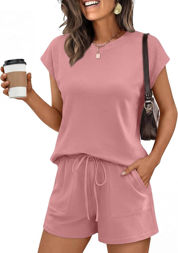 ANRABESS Womens Waffle Knit 2 Piece Short Sets Cap Sleeve Summer 2026 Matching Lounge Outfits Travel Beach Vacation Sweatsuit