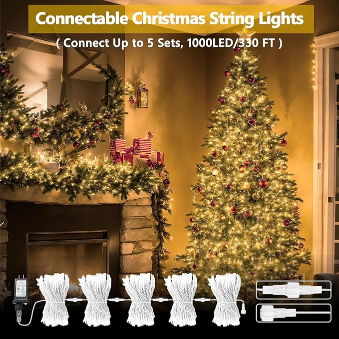 Connectable 200 LED String Lights Indoor Outdoor with Timer, 66FT 13 Modes Warm White Christmas Lights Waterproof, Twinkle Fairy Lights Plug in Clear Wire for Christmas Tree, Bedroom, Classroom Decor