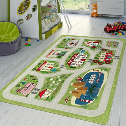 LIVEBOX Green Kids Playroom Rug, 5'x7' Washable Road Rug for Kids Room, Non-Slip Soft Car Rug Play Mat for Baby Nursery, Large City Traffic Rug Classroom for Boys Girls Dorm Toy Room Tent
