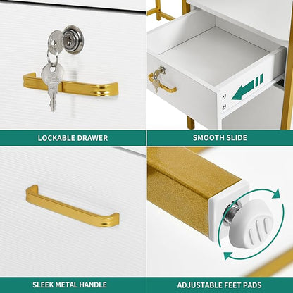 YITAHOME U Shaped Desk with Power Outlets & LED Lights, 79" Reversible L Shaped Desk with Drawers, Corner Computer Desk Office Desk with Monitor Stand & Storage Shelves, White & Gold