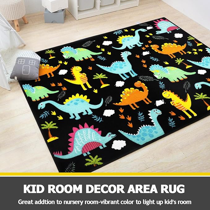 Capslpad Black Dinosaur Kids Play Rug for Boys Bedroom Non Slip Cartoon Kids Area Rug Washable Kids Play Mat for Dinosaur Room Kids Room Nursery Decor,5'2" x 3'3"