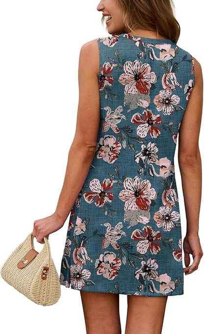 WIHOLL Casual Dresses for Women Crewneck Sleeveless Tank Dress Summer Spring Boho Vacation Clothes