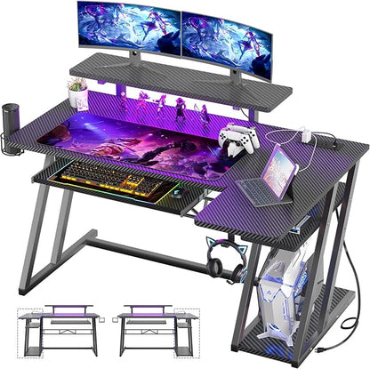 Gaming Desk with Shelves and Outlets, L Shaped Gaming Desk with LED Lights, Reversible L Shaped Computer Desk for Gamer, Carbon Fiber Black, 47"
