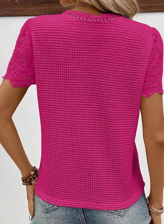 SHEWIN Womens Frenchy Summer Tops Crewneck Short Sleeve T Shirts Casual Waffle Knit Jacquard Blouses Top Shirts