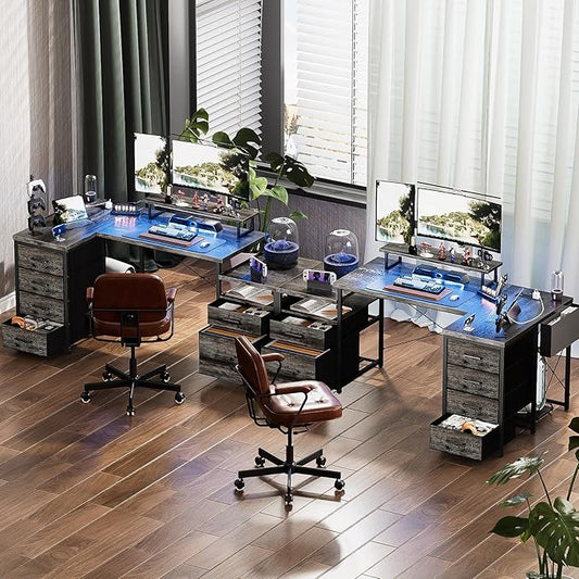 Unikito 70.8" Reversible L Shaped Computer Desk with Fabric File Drawers, Corner Desk with RGB LED Lights & Power Outlets & Monitor Stand, Large Gaming Desk for Home Office Workstation, Black Oak