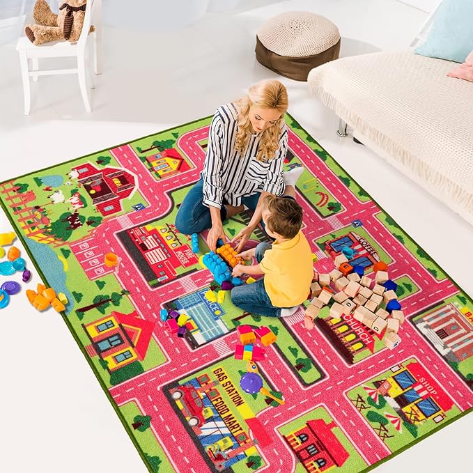 Kids Carpet Playmat Rug 59"x39.4", Car Rug for Kids Cars, Non-Slip Town City Road Map Kids Rug for Playroom Bedroom Boys, Kids Car Mat Road Rug, Track Rug Car Play Rug for Kids (59X39.4 INCH-Pink)