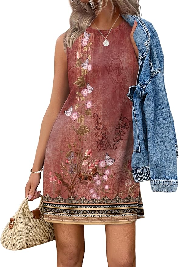 WIHOLL Casual Dresses for Women Crewneck Sleeveless Tank Dress Summer Spring Boho Vacation Clothes