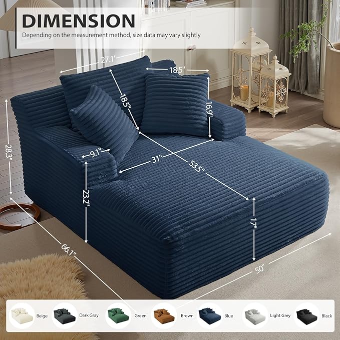 50 Inches Chaise Lounge Indoor, Oversized Chaise Lounge Chair with 3 Throw Pillows and Armrests, Corduroy Upholstered Plush Sofa Bed Lazy Chair Bed Sleeper Chair for Living Room Apartment (Blue)