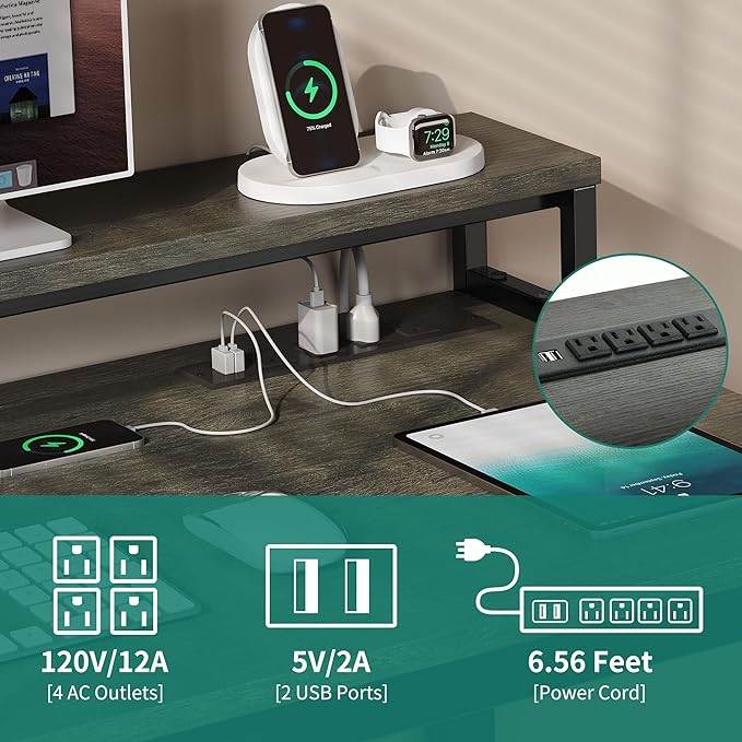 YITAHOME L Shaped Desk with Power Outlets & LED Lights & File Cabinet, 55" Corner Computer Desk with 3 Drawers and 2 Storage Shelves, Home Office Desk with Monitor Stand, Grey