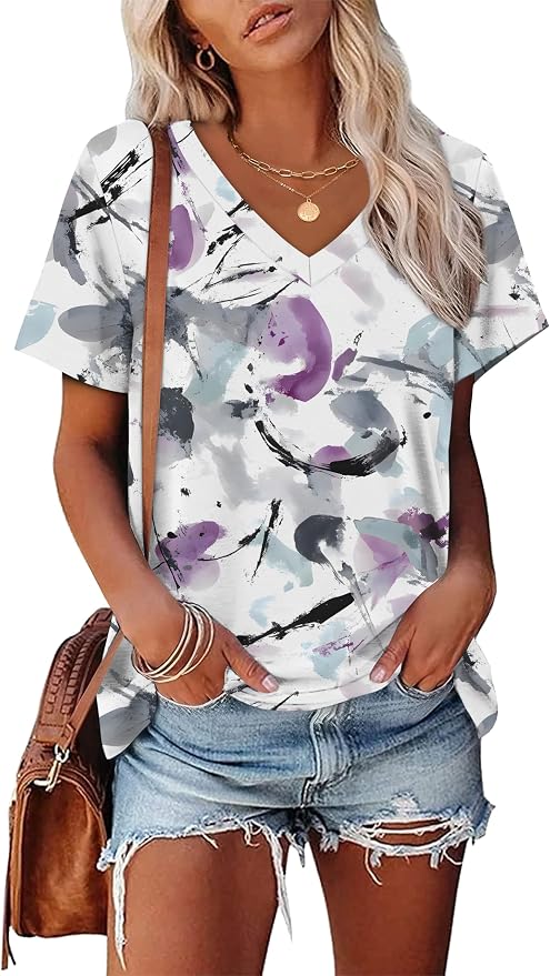 Alaroo Womens Summer Tops 2026 V Neck Short Sleeve Shirts Trendy Dressy Casual Vacation Outfits Printed