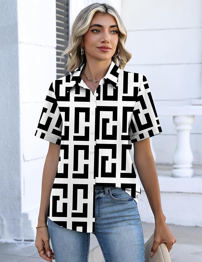 Zeagoo Button Down Shirts for Women Short Sleeve Collared Tops Dressy Casual V Neck Blouses