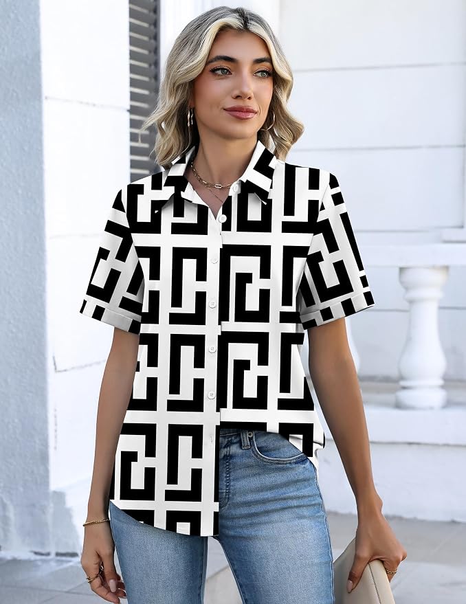 Zeagoo Button Down Shirts for Women Short Sleeve Collared Tops Dressy Casual V Neck Blouses