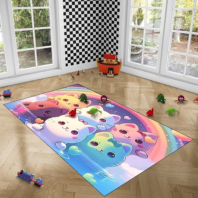 Rainbow Cat Rug for Girls - Colorful Cat Rug for Kids Bedroom Cute Cartoon Cat Pattern Rug Lovely Cat Rugs Room Decor Anime Cat Area Rug, 5x7 Feet