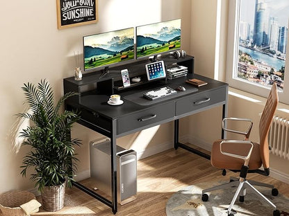 Computer Desk with Drawers, 47" Home Office Desk with Monitor Shelf, Writing Desk with Storage, Gaming Desk Work Desk Study Desk for Bedroom, Black