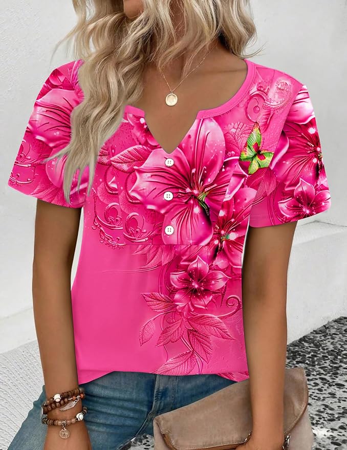 Zeagoo Womens Short Sleeve Tops Summer Henley V-Neck Tshirts Casual Pleated Blouse Dressy Loose Floral Basic Tee