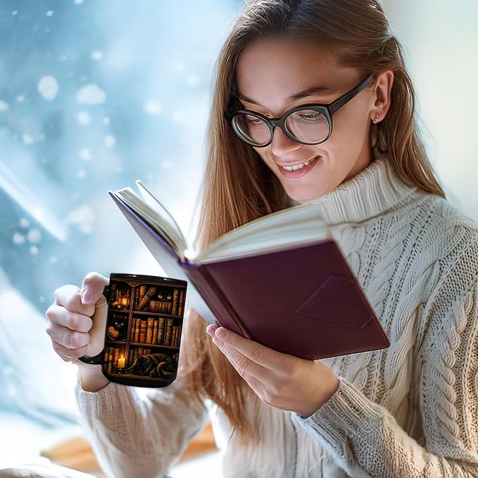 Hyturtle Black Cat Bookshelf Coffee Mug 15 Oz, Book Lover Gift for Women | Includes Matching Mini-Book Keychain; Cozy Literary Ceramic For Readers, Librarians And Bookworms On Birthdays Or Christmas