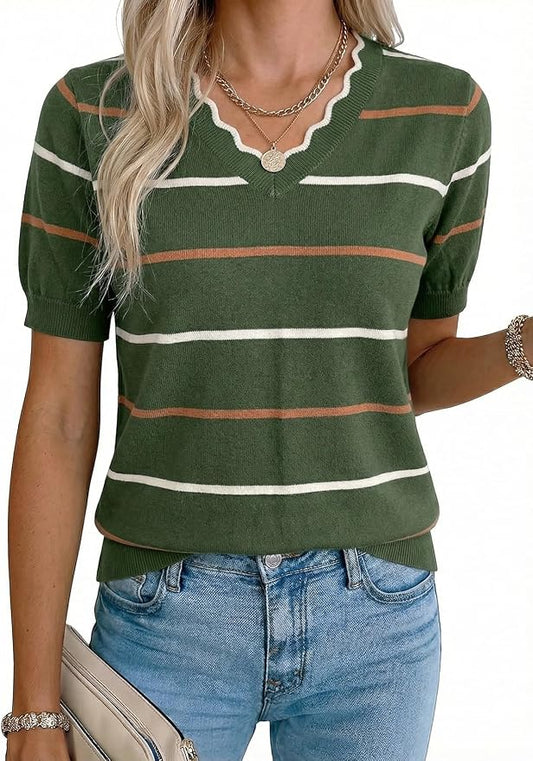 Dokotoo Womens Summer Short Sleeve Knit Tops 2026 Spring Trendy Casual V Neck Striped Sweater Blouses